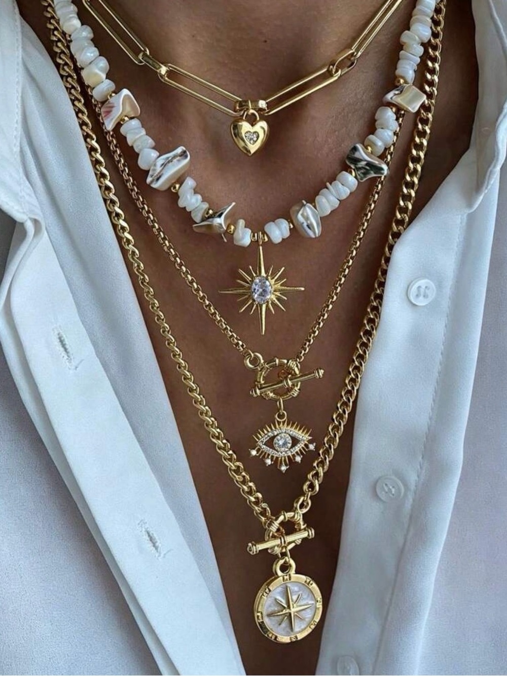 Gold Layered Necklace Set with White Beads